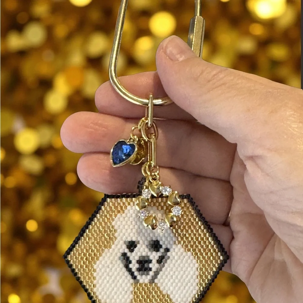 Hand Crafted Beaded White Poodle Face Gold Color Keychain with Charms